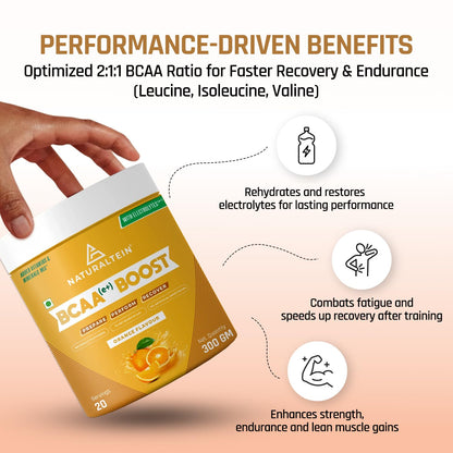 Naturaltein BCAA E+ Boost - Vegan BCAAs with Electrolytes, Vitamins & Minerals - 300g Clean Energy Drink - Natural Orange