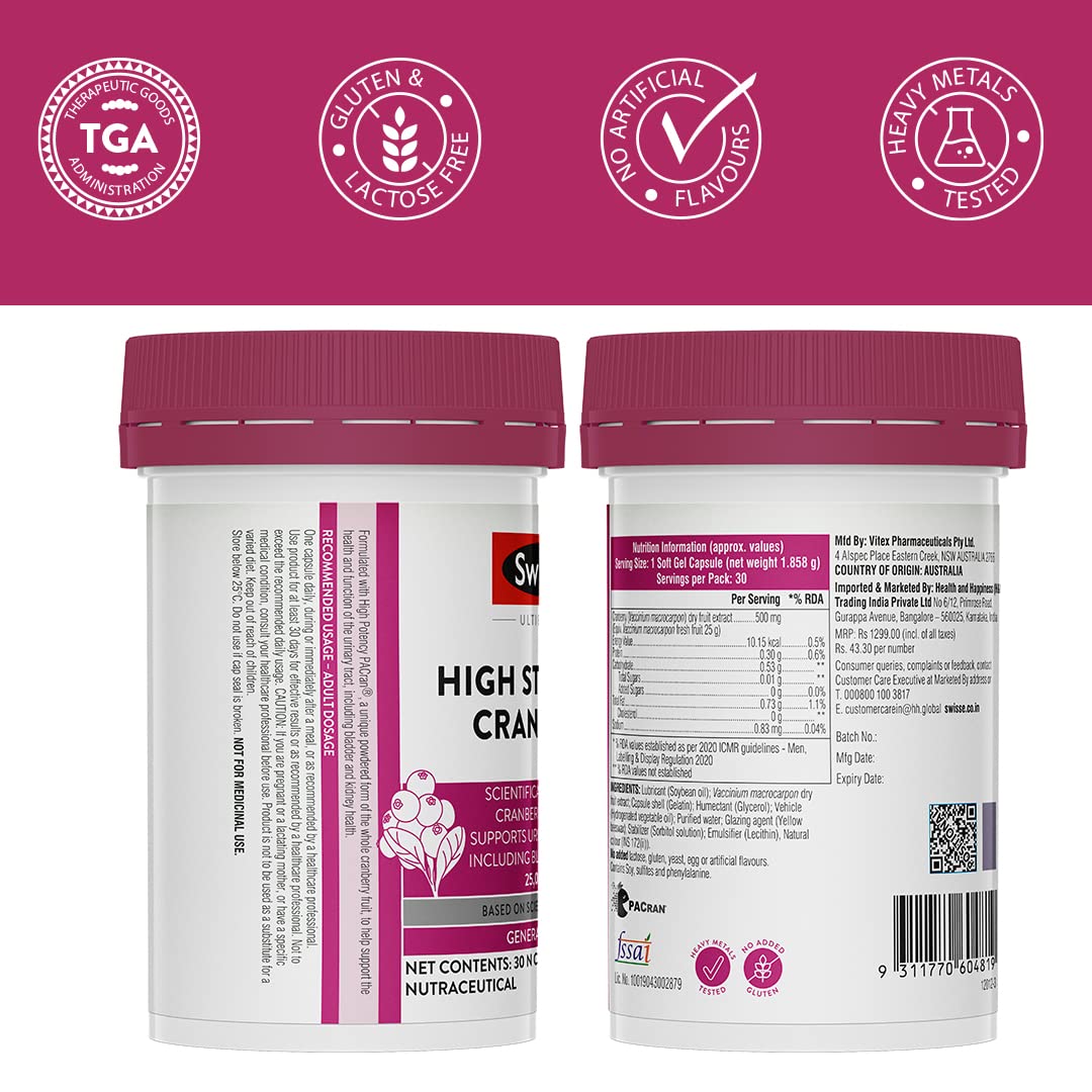 Swisse High Strength Cranberry for PCOS, PCOD & UTI - 25000mg Cranberry Extract, Antioxidant Rich Supplement Supports Bladder & Kidney Health (30 Tablets)