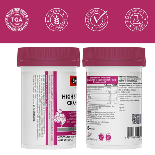 Swisse High Strength Cranberry for PCOS, PCOD & UTI - 25000mg Cranberry Extract, Antioxidant Rich Supplement Supports Bladder & Kidney Health (30 Tablets)