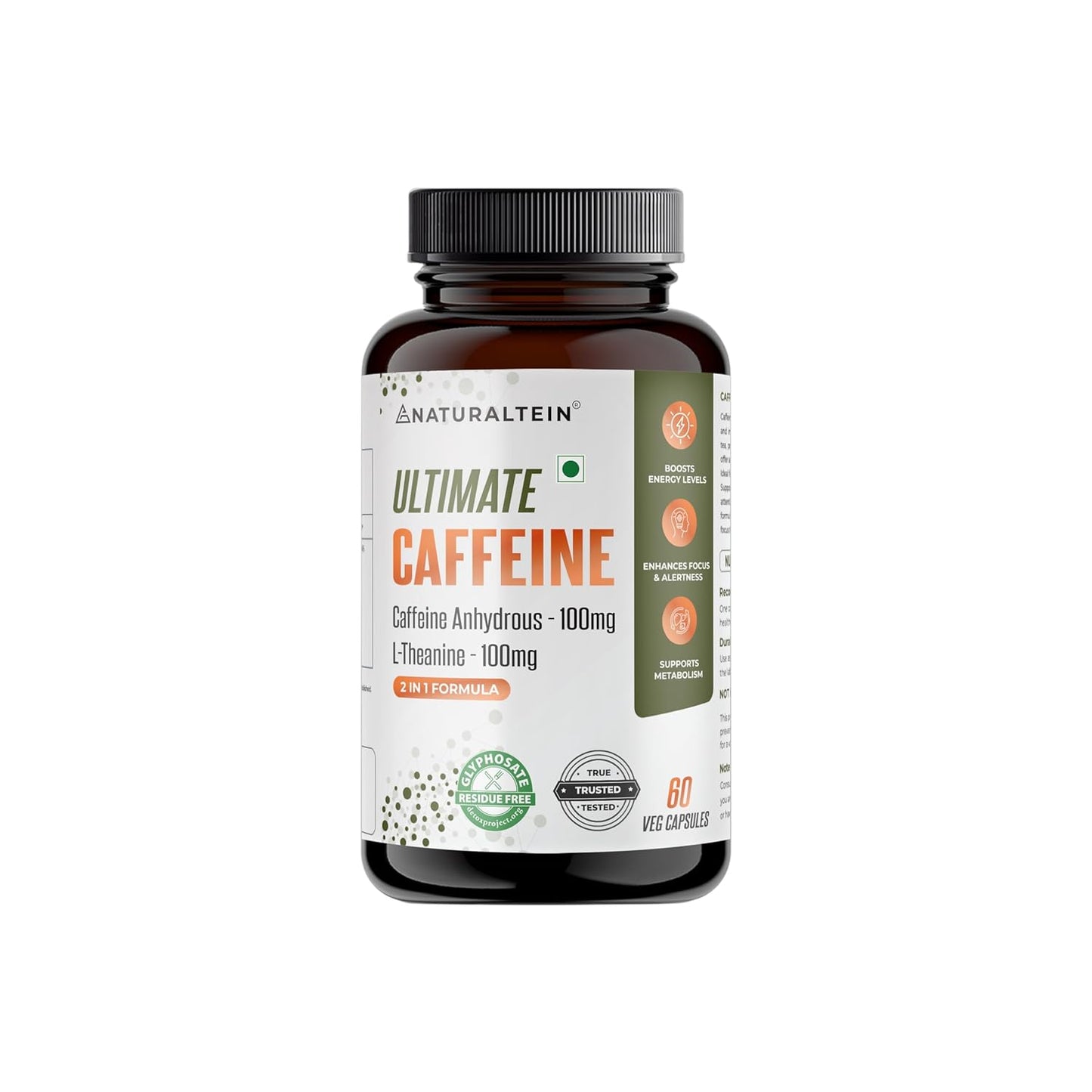 NATURALTEIN Ultimate Caffeine with L-Theanine | 100mg Caffeine + 100mg L-Theanine | Energy, Focus & Alertness Support | 2-in-1 Formula | 60 Veg Capsules