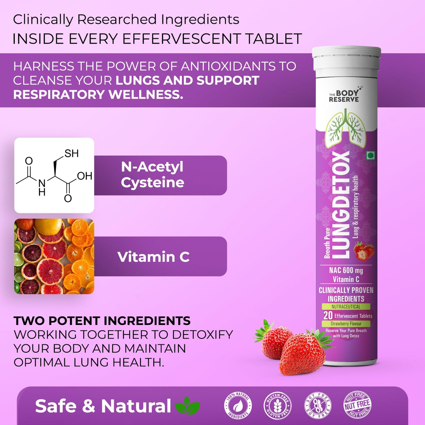 The Body Reserve Lung Detox 20 Effervescent Tablets With N-Acetylcysteine 600mg and Vitamin C | Cleaner Lungs Detoxification and Immune Defence Strawberry Flavour (Pack Of 1)