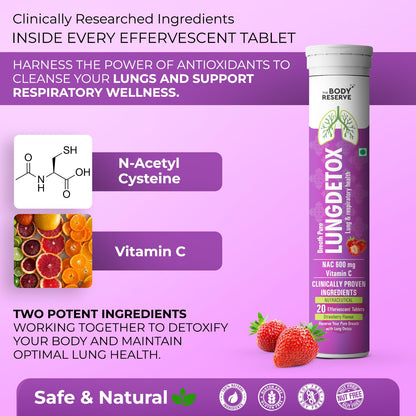 The Body Reserve Lung Detox 20 Effervescent Tablets With N-Acetylcysteine 600mg and Vitamin C | Cleaner Lungs Detoxification and Immune Defence Strawberry Flavour (Pack Of 1)