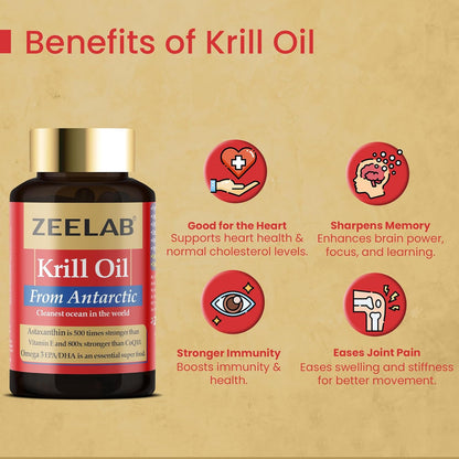 Zeelab Krill Oil Capsules | Best Supplement for Muscle Recovery, Bone & Joint Health (60 Softgel Capsules)