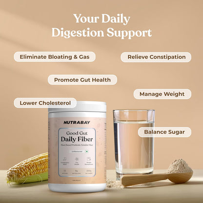 Nutrabay Good Gut Daily Fiber - 200 gm | 33 Servings | Unflavoured | Weight Management, Manages Sugar Control, Bloating, Constipation & Acidity Relief | Plant Based Prebiotic Soluble Fiber