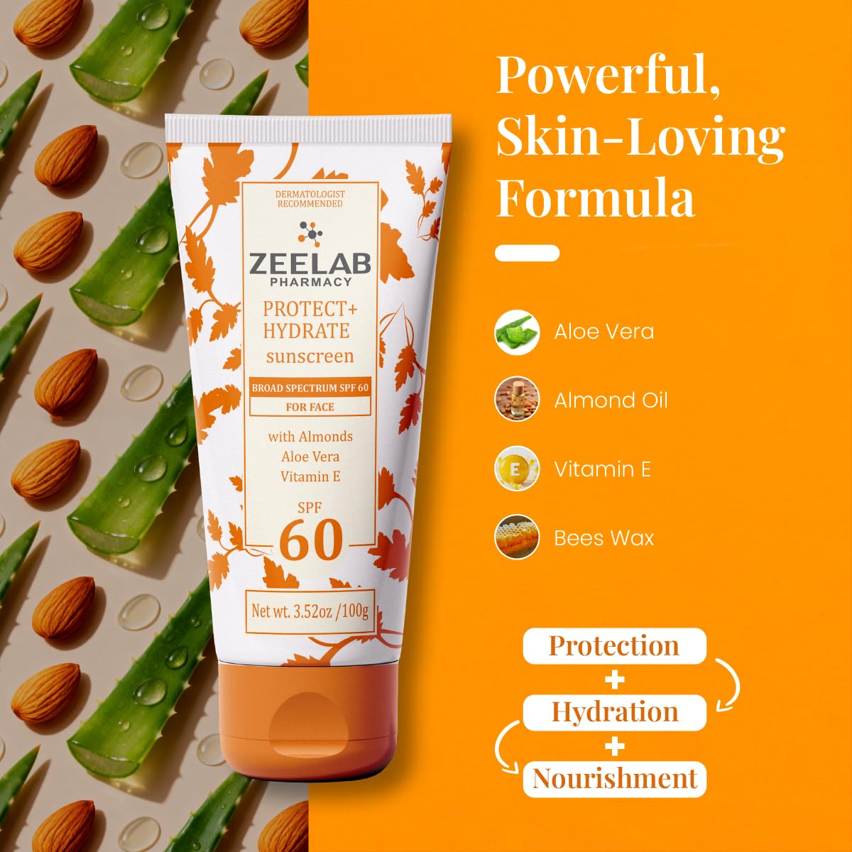 Zeelab Sunscreen Lotion SPF 60+ | Broad Spectrum UVA/UVB Protection | Lightweight, Non-Greasy Formula with Aloe Vera, Almond Oil & Vitamin E | Prevents Sunburn, Tanning & Ageing | 100 gm