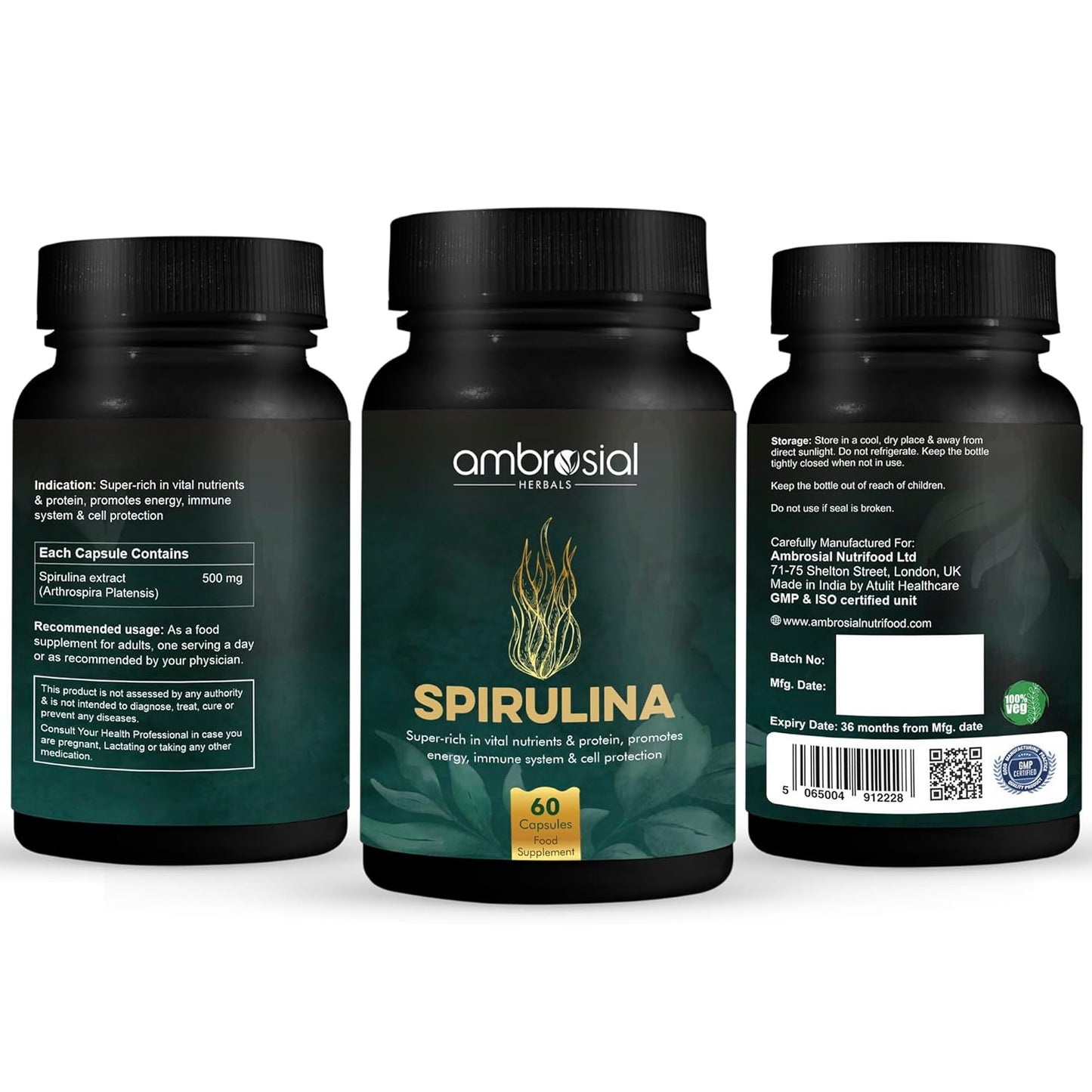 Ambrosial Spirulina Capsule High Strength 500 mg EACH Capsule | Certified Spirulina Tablets for Energy and Immunity | Richest Source of Protein (Pack of 1-60 Capsules)