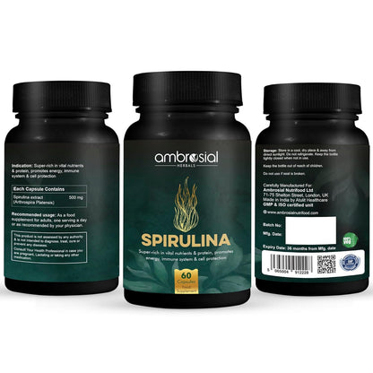 Ambrosial Spirulina Capsule High Strength 500 mg EACH Capsule | Certified Spirulina Tablets for Energy and Immunity | Richest Source of Protein (Pack of 1-60 Capsules)