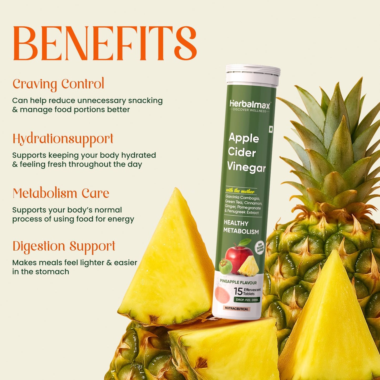 Herbalmax Apple Cider Vinegar Effervescent Tablets â€“ With Mother of Vinegar, Vitamin C, B6 & B12 â€“ Sugar-Free â€“ Supports Weight Management, Detox & Gut Health â€“ Pineapple Flavour â€“ 15 Tablets