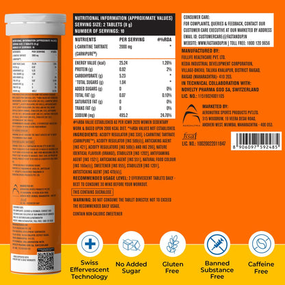 FAST&UP L-Carnitine 2000Mg Effervescent Tablets|Premium CarnipureÂ® Carnitine Supplement|Helps Convert Fat Into Energy, Supports Weight Loss, Fat Burn & Lean Muscle|Orange Flavour, 20 Tabs (Pack of 1)