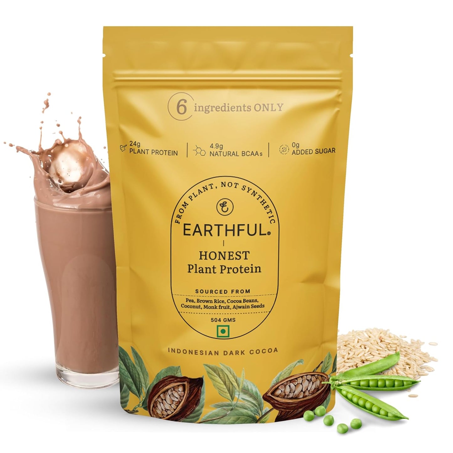 Earthful Honest Plant Protein | 24g Protein/Serving & 4.9g BCCAs | For Weight Management, Energy, Muscle Support & Recovery | Made with Pea & Brown Rice | Indonesian Cocoa - 504g