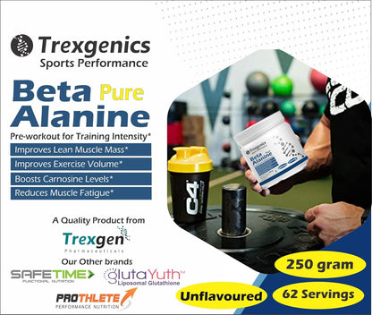 Trexgenics BETA-ALANINE Pure Powder (62 Servings) Lean Muscle Mass, Exercise Volume & Intensity, Endurance (250 gm)