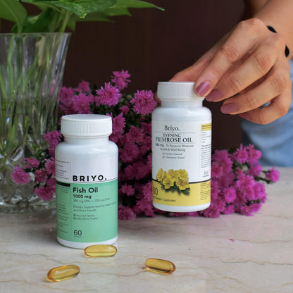 Briyosis Evening Primrose Oil For Healthy Skin Supports Hormonal Balance in Women Helpful in PMS & Menopause Natural Oil Extract 60 Liquid Filled Capsules- 1000 mg Softgel