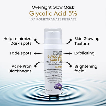 Get Nectar Happiness Overnight Glow Glycolic Acid Mask 5% w/w with 10% Pomegranate Essence for Anti-Acne and Blemishes | Help Minimize Dark Spots, Blackheads, Exfoliating, Skin Glowing Texture (30ml)