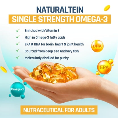 NATURALTEIN Omega 3 Fish Oil â€“ 1000mg per Softgel | 60 Capsules | 180mg EPA & 120mg DHA | With Vitamin E | Premium Triglyceride Form | Supports Heart, Brain & Joint Health | Single Strength Formula