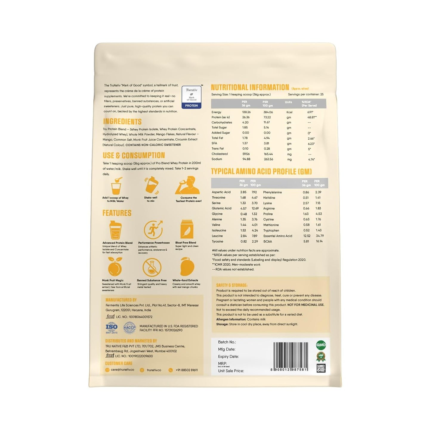 Trunativ Pro Blend Whey Protein Powder Isolate & Concentrate | 100% Light & Clean Protein Powder | 26g Protein | 6g BCAA | 12.52g EAA | No added sugar | Mango 2lbs (907g)