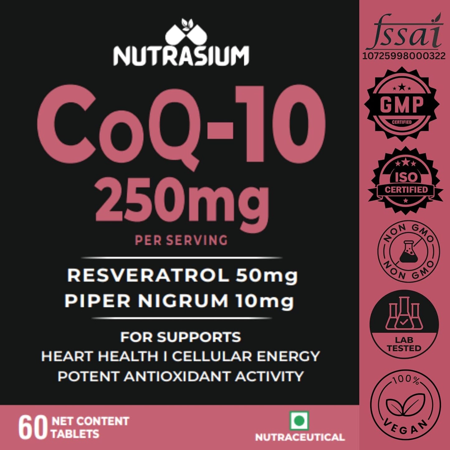 Nutrasium Co Enzyme Q-10 250 mg With Resveratrol | CoQ-10 Supplemets | For Heart & Vascular Health, Cellular Energy Boost, Potent AntiOxidant | 60 Veg Tablets (60 Veg Tablets, Co-Q10)