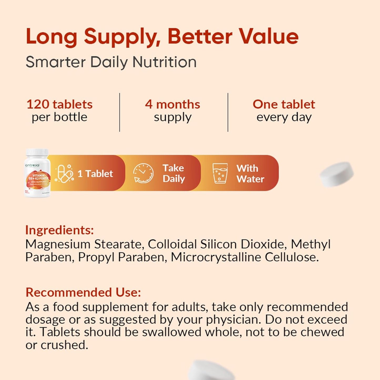 Ambrosial Vitamin D3 K2 Forte 120 Tablets | Vitamin D 3 k 2 Supplement for Bone, Heart & Immune Health Vitamin D3 (600 IU) with MK-7 Vitamin K2 | Plant-Based High Absorption Daily supplements