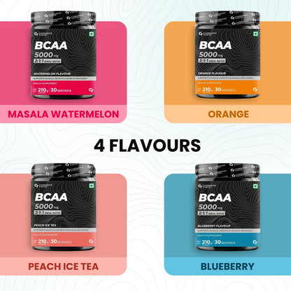 Carbamide Forte BCAA Powder 5000mg | 2:1:1 Ratio BCAA Supplement for Men & Women | Muscle Recovery & Growth | Pre & Intra Workout | Peach Ice Tea Flavour â€“ 210g