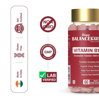 Balancekart Vitamin B12 Supplements for Men & Women, 1500mcg Vitamin B12 Tablets to Improve Red Blood Cell Formation, Boosts Energy Level, 60 Tablets