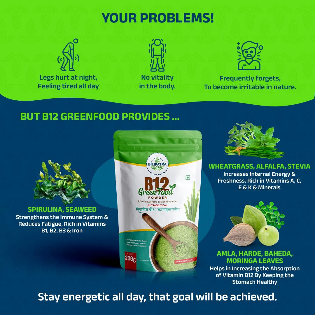 B12 Green Food Powder, 200g | Plant Based Vitamin B12 Supplement (B12GreenFood Powder) | Vitamin B1, B2, B3, B6, B9,C & A | Boost Energy Level, Good For Digestion & Stress, For Men & Women