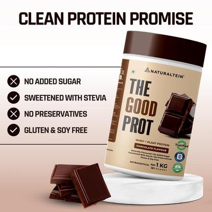NATURALTEIN The Good Prot â€“ 1 kg (Chocolate) | 22 g Protein per Serving | No Artificial Flavours | Plant & Whey Protein Blend | Naturally Sourced Protein for Strength & Recovery