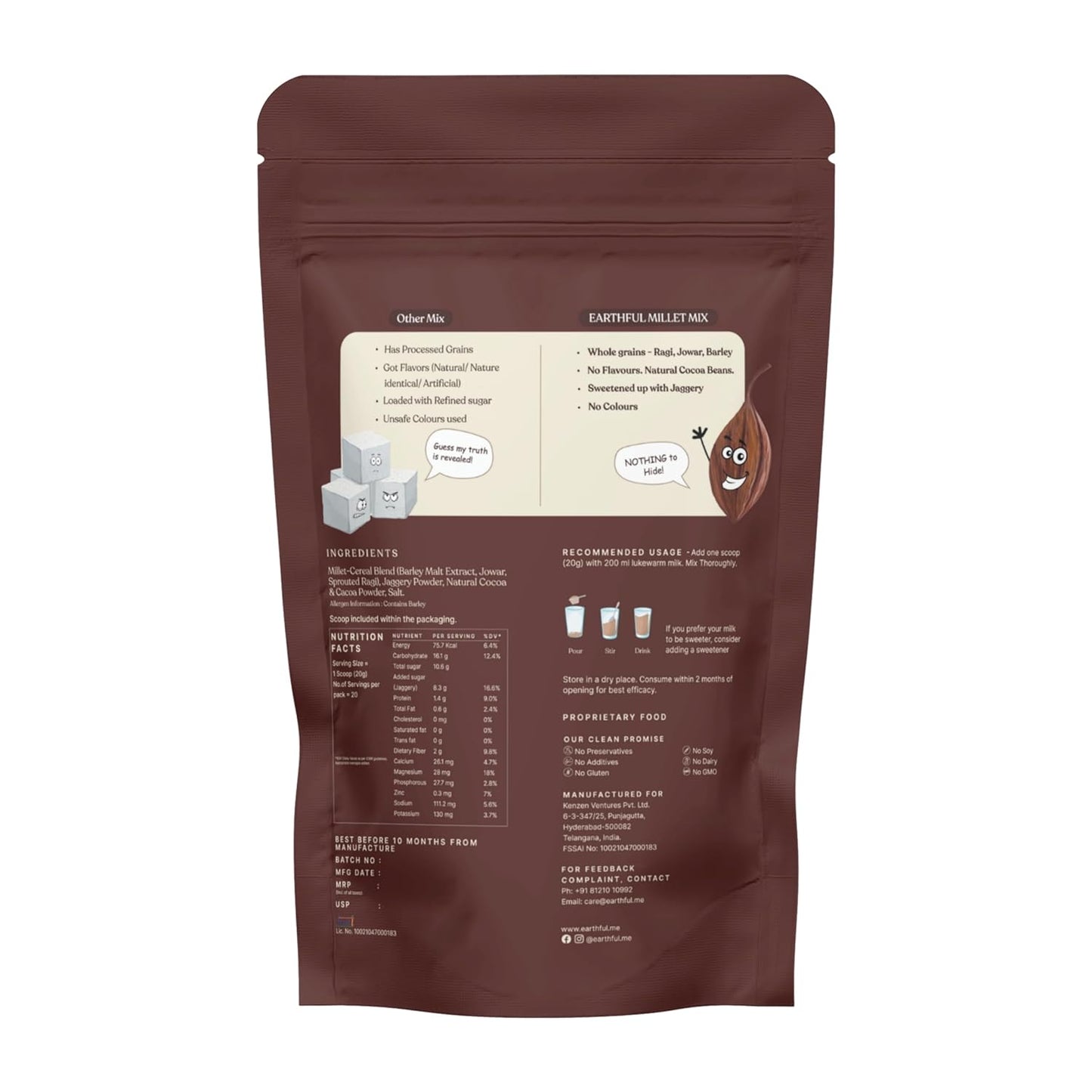 Earthful Kids Millet Mix 400 Gms | 4+ Years | No Refined Sugar | With Jowar, Ragi & Barley | Cocoa, Sweetened with Jaggery