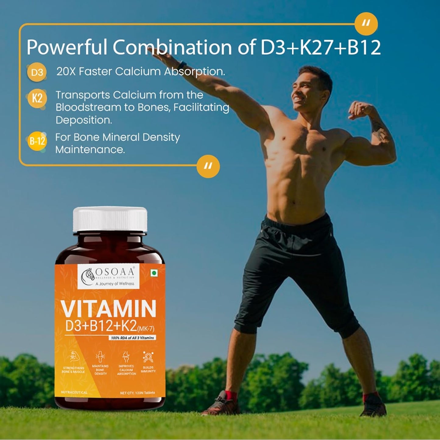 OSOAA Vitamin D3 K2 MK7 Supplement - 120 Tablets | Vitamin D3 (600 IU) | Promotes Calcium Absorption, Bone Health, Muscle Strength & Immunity | Plant Based Vitamin D3- Lichen Source