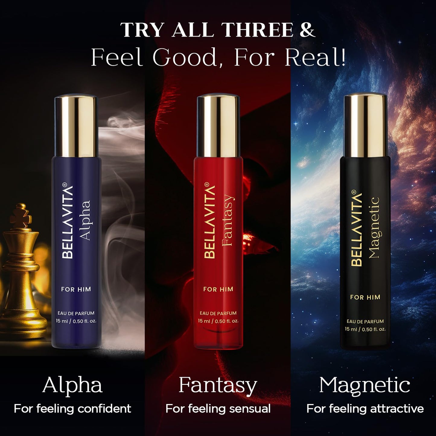 BELLAVITA Mood Collection Fantasy EDP for Him with Apple, Cinnamon, Musk and Vanilla |Premium, Long Lasting Fragrance Perfume for Men, 15ml
