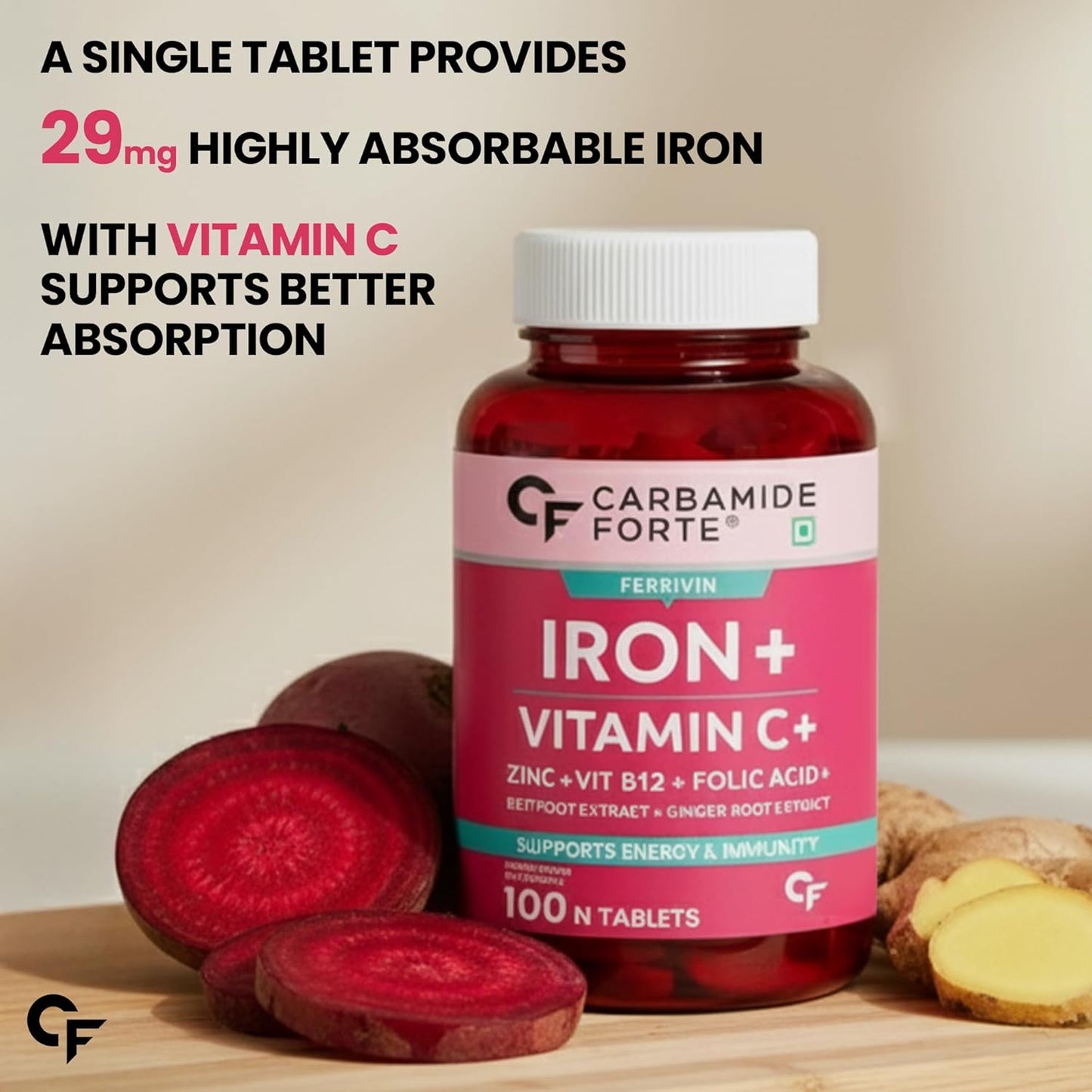 Carbamide Forte Iron Supplement for Women & Men | Folic Acid Tablets with Vitamin C, B12, Zinc | 100 Veg Iron Tablets for Women & Men