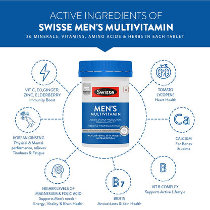 Swisse Men's Multivitamin - Manufactured In Australia, Imported Multivitamin From Australia's No.1 Multivitamin Brand - Boosts Energy, Stamina & Vitality With Ginseng & 35 Other Vital Herbs, Vitamins & Minerals (60 Tabs)