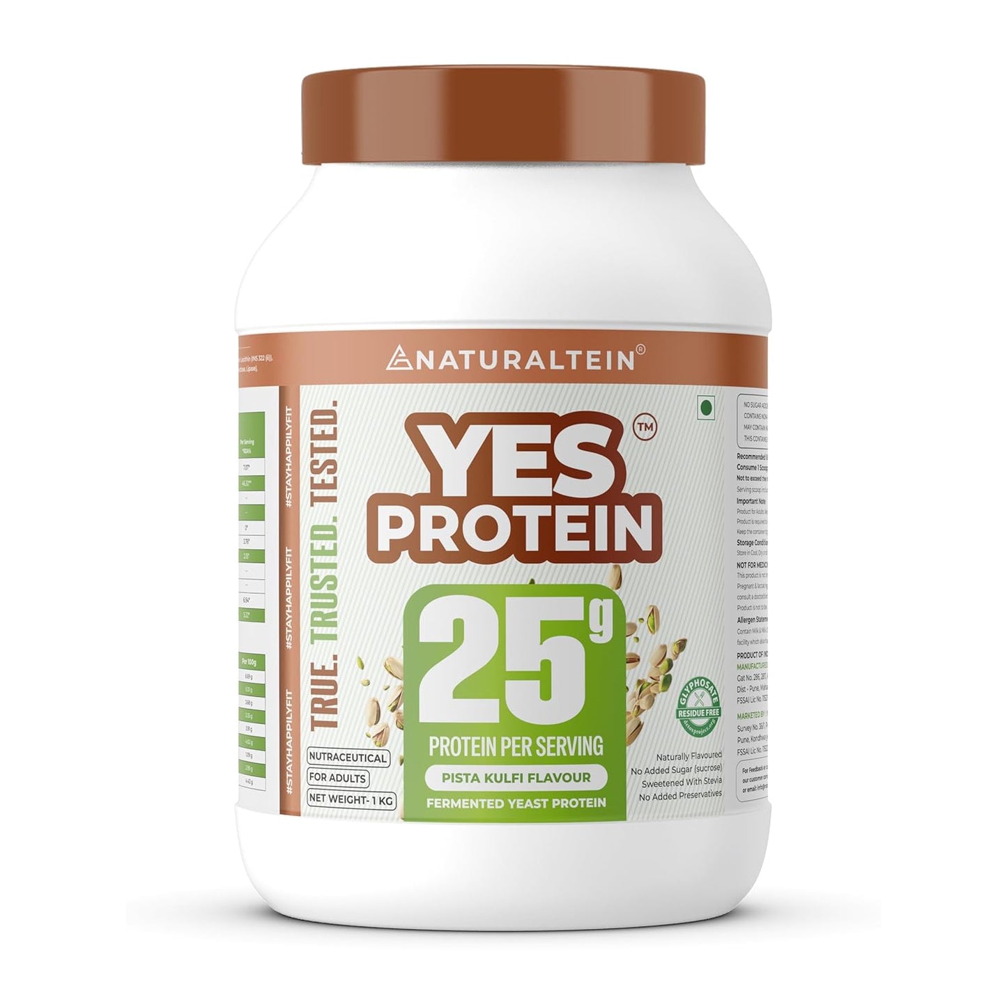 Naturaltein YES Protein 1kg | Fermented Yeast Vegan Protein Powder |Pista Kulfi Flavour| 25 g Protein | No Added Sugar | Naturally Sweetened | Digestive Enzymes | Heavy Metal Tested | 28 Servings