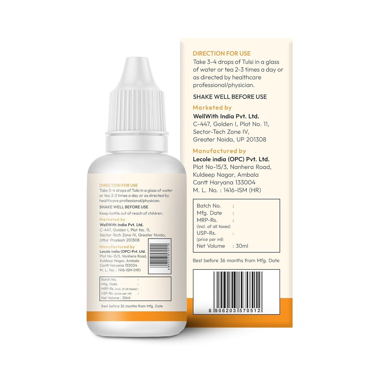 Wellwith by Ayuzera Tulsi Curcumin Drops, 5 Types of Tulsi, Curcumin & Piperine, No Artificial Fragnance (30ml, Pack of 1)