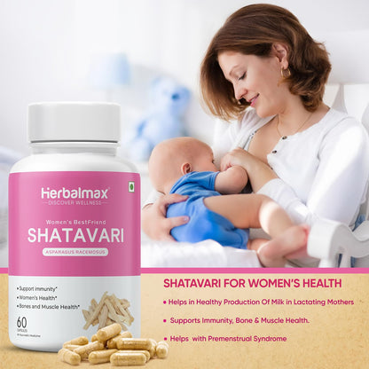 Herbalmax Organic Shatavari 400mg | Hormonal Balance & Womenâ€™s Health Supplement | Supports Lactation, Immunity, Bone & Muscle Strength, Rich in Antioxidants â€“ 60 Veg Capsules