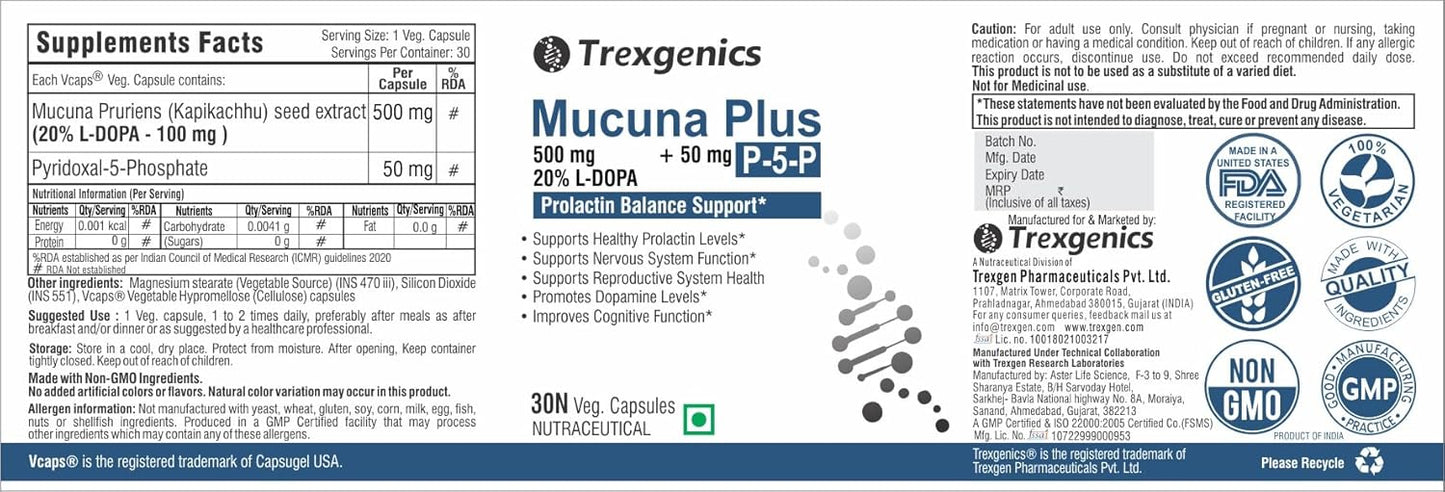 Trexgenics MUCUNA 20% L-DOPA 500 mg, P5P 50 mg Prolactin Support, Cognitive Function VEGAN & NON-GMO (30 Veg. Capsules) (Pack of 1)