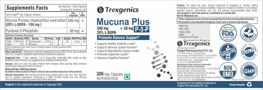 Trexgenics MUCUNA 20% L-DOPA 500 mg, P5P 50 mg Prolactin Support, Cognitive Function VEGAN & NON-GMO (30 Veg. Capsules) (Pack of 1)