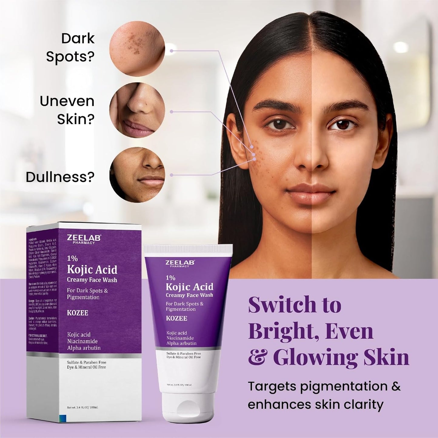 Zeelab Kozee Kojic Acid 1% Face Wash for Dark Spots & Uneven Skin Tone | With Alpha Arbutin, Niacinamide & Vitamin E | Gentle Brightening & Cleansing Face Wash | Suitable for All Skin Types | 100ml