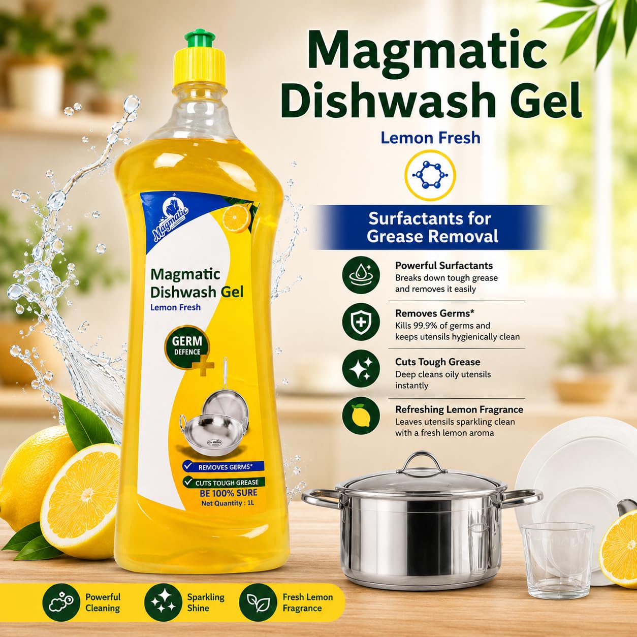 Magmatic Lemon Fresh Dishwash Liquid Gel 1L
