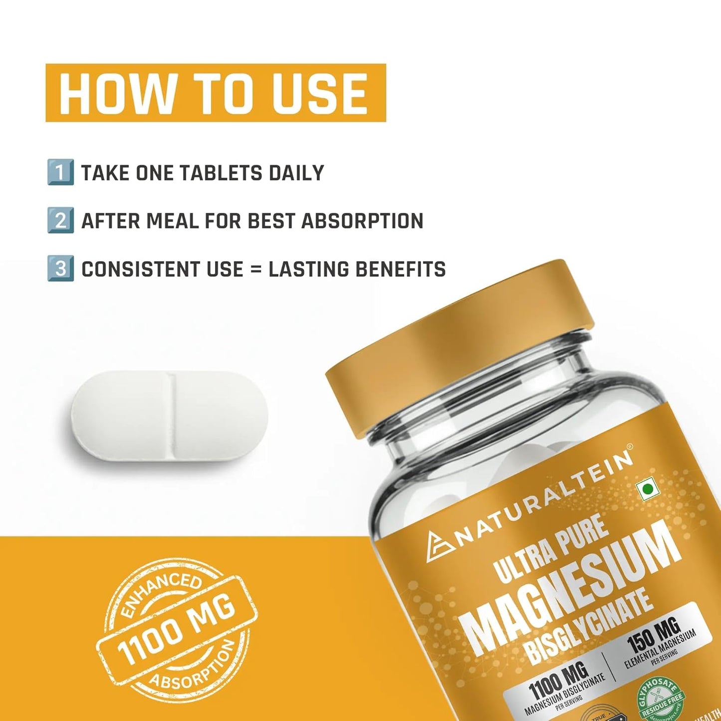 Naturaltein Magnesium Glycinate 1100mg (150mg Elemental) | Chelated High Absorption Magnesium | Supports Sleep Quality & Normal Muscle Function | Glyphosate Tested | 30 Tablets