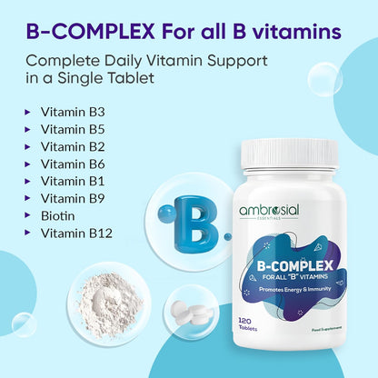 Ambrosial Vitamin B-Complex Tablets with Vitamin B1, B2, B3, B5, B6, B9, B12 & Biotin | Complete B-Vitamin Supplement | Vitamin B Complex Supplement for Women & Men - 120 Vegetarian Tablets