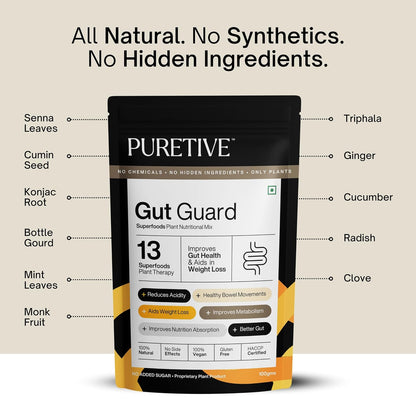PURETIVE GUT GUARD | Superfoods Nutritional Mix | Gut Supplement for Strong Digestion, Acidity Relief, Immunity, Improves Metabolism | GUT Detox For Men & Women | 100% Pure Vegan | 100gms