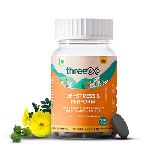 three60 DE-STRESS & PERFORM Tablets | Testosterone Supplement | Helps Boost Stamina | Helps Reduce Stress | SynuraÂ® Forte Blend, Saffron, Gokshura | No Steroid | Non Habit Forming | 30 Tablets