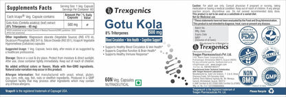 Trexgenics GOTU KOLA 8% Triterpenes 500 mg Vein Health, Blood circulation, Cognitive Function, Immunity VEGAN & NON-GMO (60 Veg Capsules)