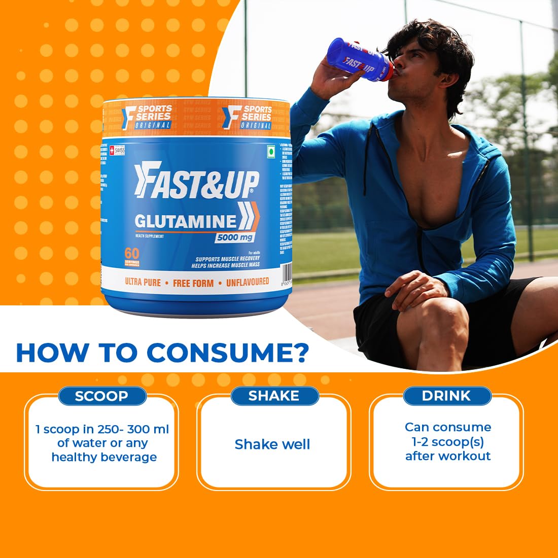 Fast&Up Glutamine (Unflavoured, 2 Month Supply) L-Glutamine For Muscle Building & Performance | Post Workout Recovery & Muscle Growth (300g powder)