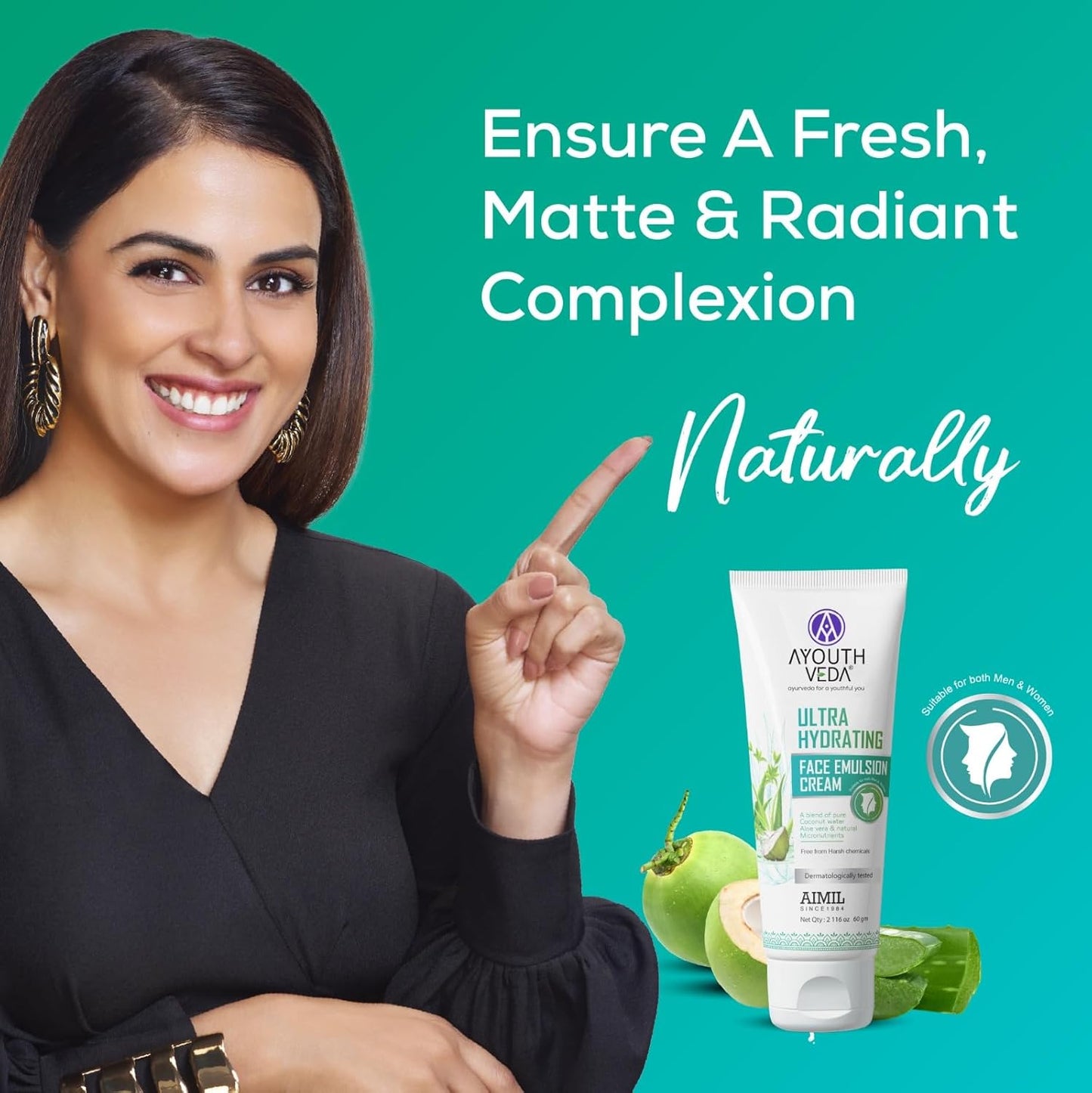 Ayouthveda Ultra Hydrating Face Emulsion Cream | Natureâ€™s Goodness for 24 hours Hydration | Moisturizes, Tones, and Brightens Skin | Prevent Dark spots, Blackheads and Blemishes | With Coconut Water, Aloe Vera, and Green Tea - (Pack Of 1; 60G)