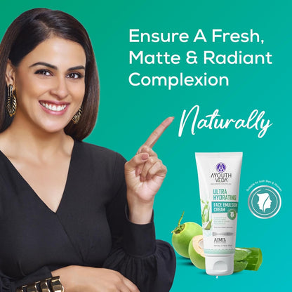 Ayouthveda Ultra Hydrating Face Emulsion Cream | Natureâ€™s Goodness for 24 hours Hydration | Moisturizes, Tones, and Brightens Skin | Prevent Dark spots, Blackheads and Blemishes | With Coconut Water, Aloe Vera, and Green Tea - (Pack Of 1; 60G)