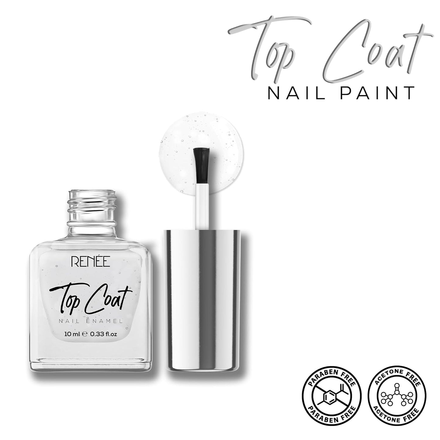 RENEE Top Coat Glossy Finish Nail Enamel, Quick Drying, Long Lasting, Chip Resisting Formula With High Shine & Full Coverage, One Stroke Application, Translucent Layer, 10 Ml
