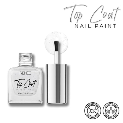 RENEE Top Coat Glossy Finish Nail Enamel, Quick Drying, Long Lasting, Chip Resisting Formula With High Shine & Full Coverage, One Stroke Application, Translucent Layer, 10 Ml