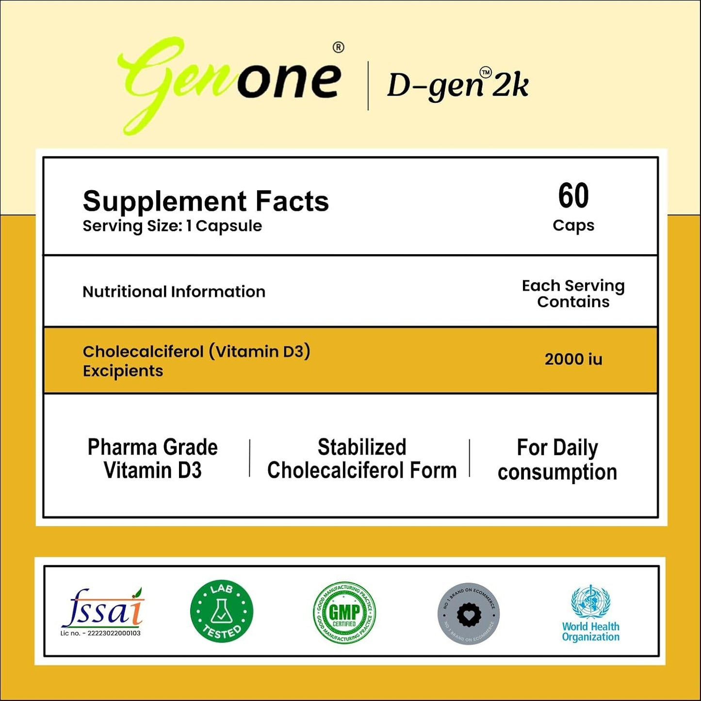 Genone DGen 2k Vitamin D3 Capsules for Strong Bones and Immunity (60 Capsules)
