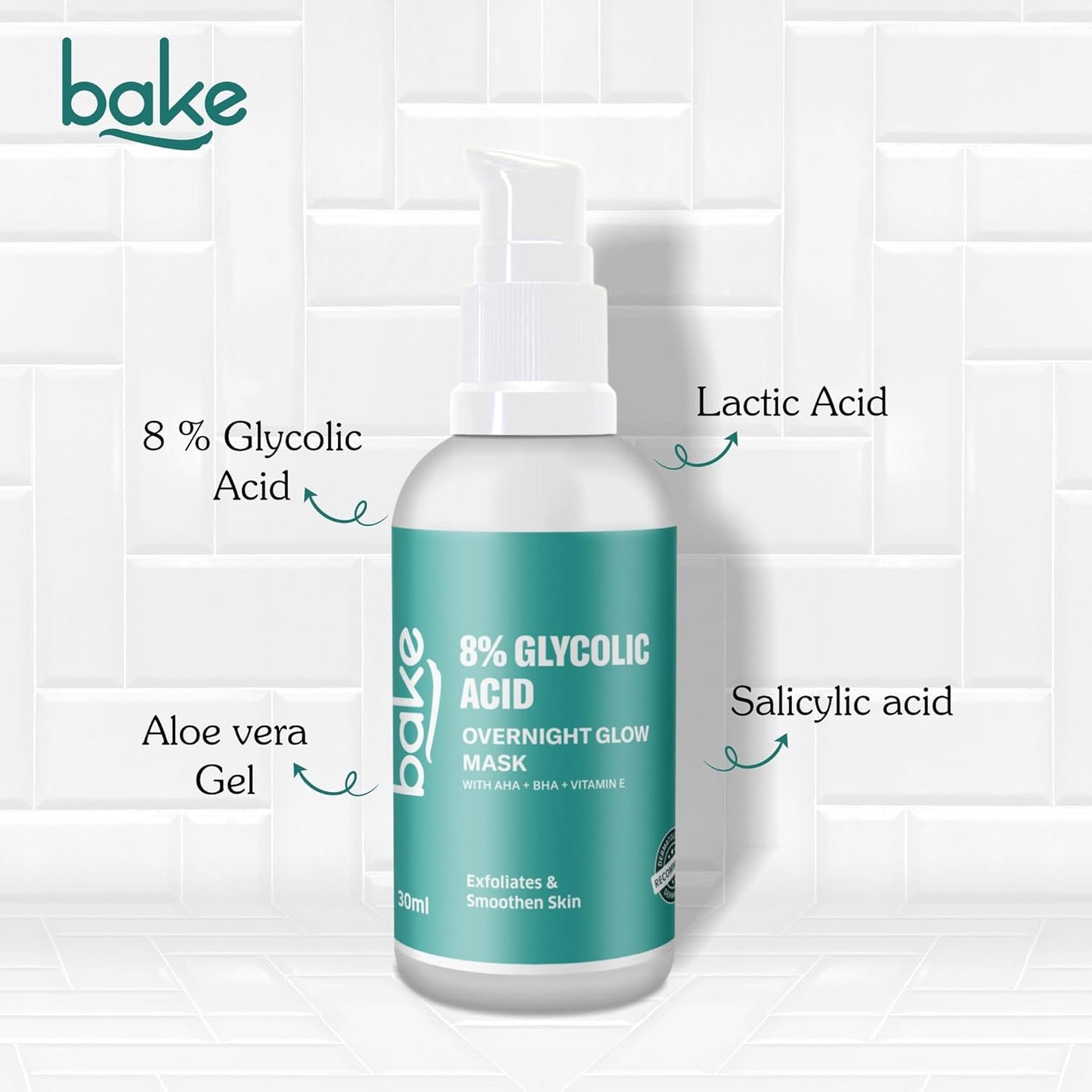 BAKE 8% Glycolic Acid Serum with AHA BHA & Lactic Acid | Improve Uneven Skin Tone, Pigmentation Solution, Unclogs Pores, Reduces Blackheads | Overnight Peeling Serum | For Women & Men | 30ml
