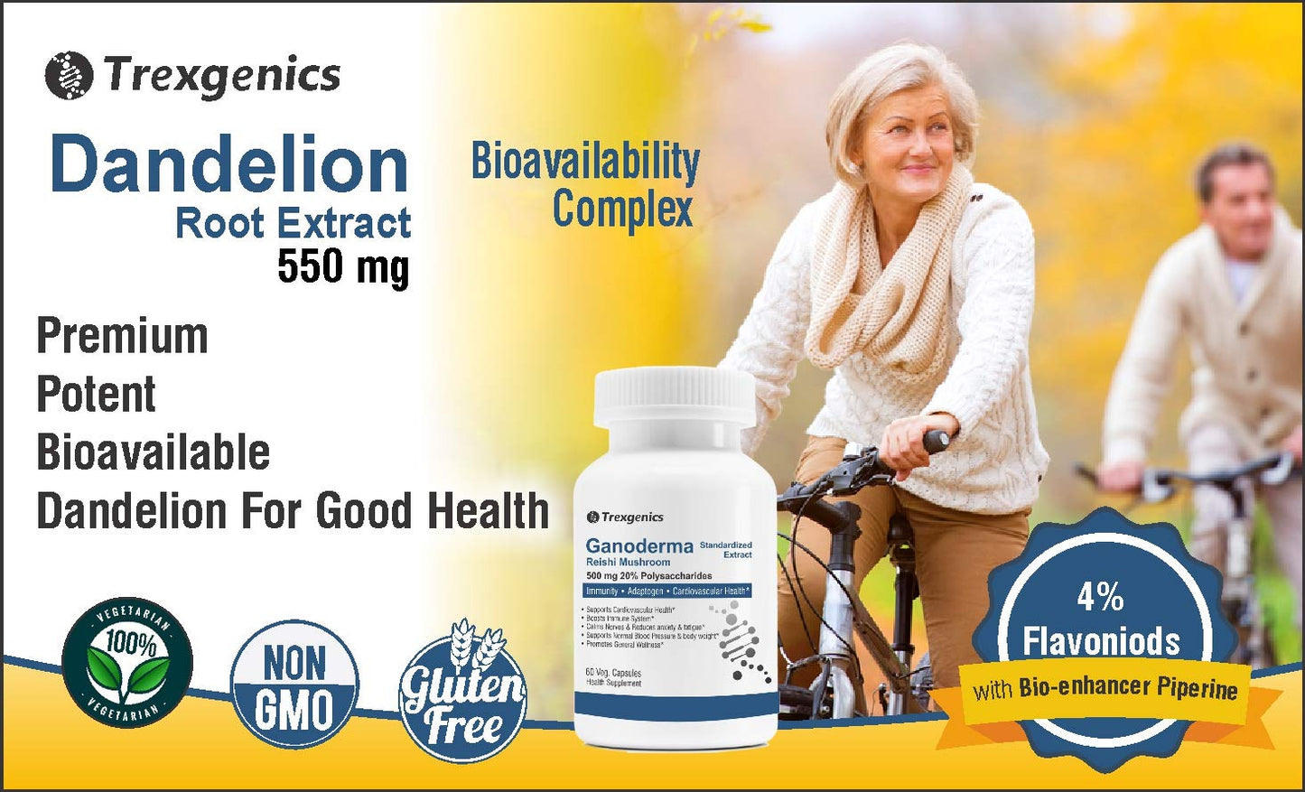 Trexgenics DANDELION (Bioactive 4% Flavonoids) 550mg EXTRACT Liver Function, Dextox, Antioxidant, Digestion (60 Veg Capsules)